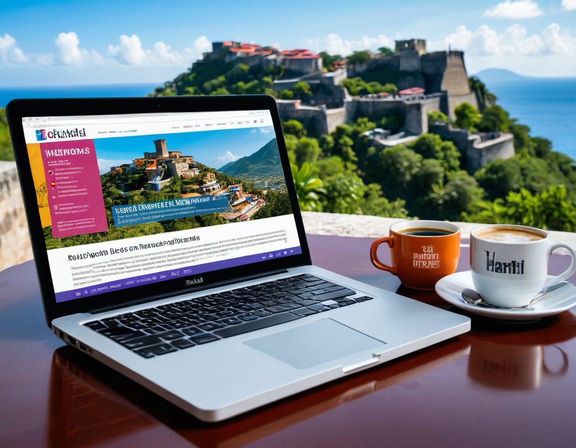A vibrant online news hub displayed on a sleek laptop screen, set against the background of Haiti's iconic Citadelle Laferrière. On the laptop screen, various colorful infographics, news headers, and real-time data updates flow dynamically. A stylish coffee cup and notebook by the laptop, symbolizing continuous learning and staying informed. super-realistic. vibrant colors. white background.