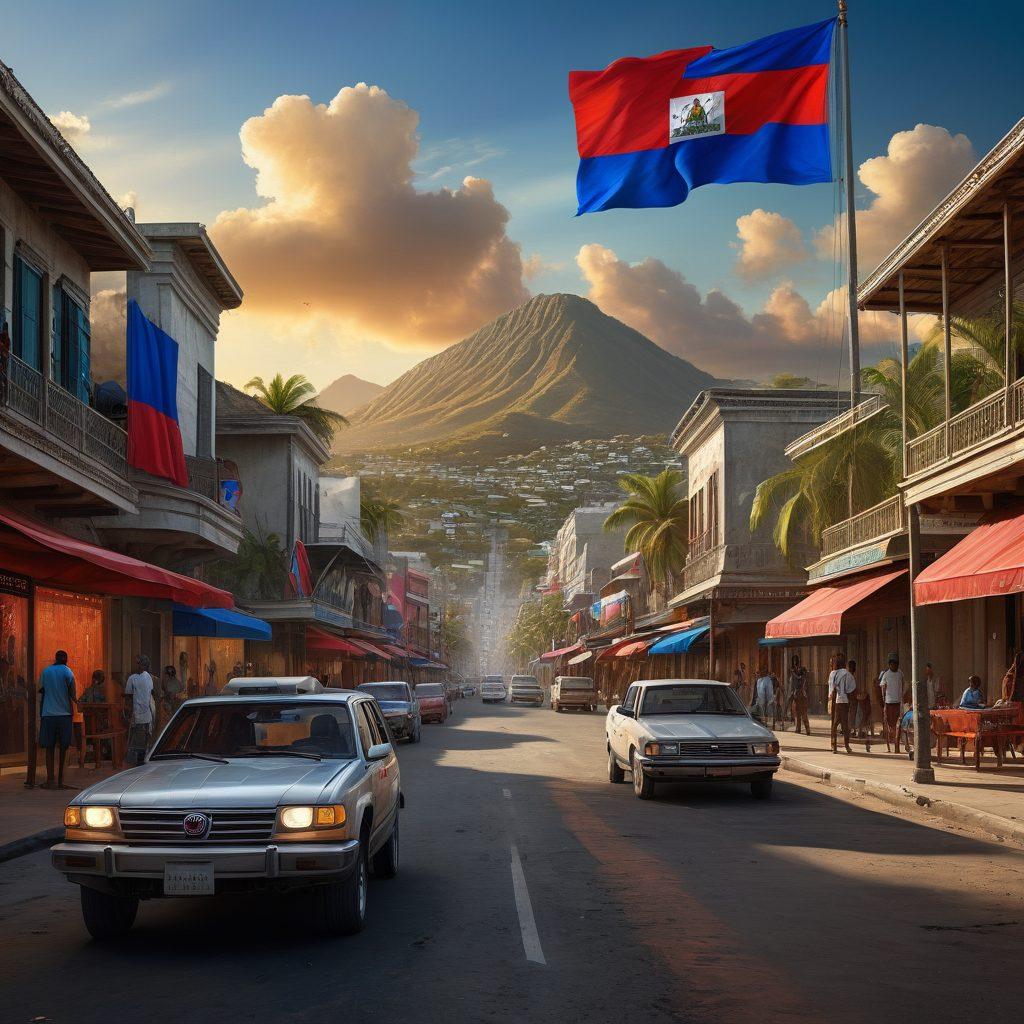 A vibrant and dynamic scene featuring a blend of modern technology and traditional Haitian culture. Include a bustling digital cityscape with computer screens, mobile devices showcasing Haitian websites, and icons of popular apps. Superimpose elements of Haitian heritage, like the national flag, traditional art patterns, and cultural landmarks seamlessly integrated into the digital world. Add a few figures actively browsing or interacting with the digital content. super-realistic. vibrant colors.